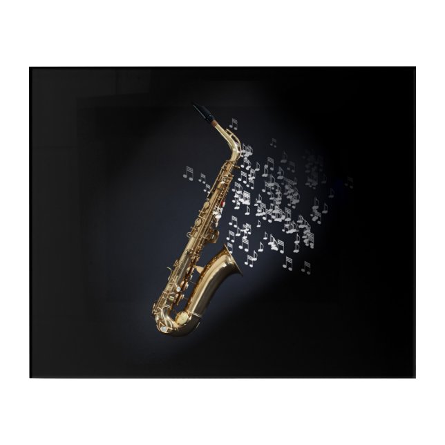 Saxophone with musical notes coming out the bell acrylic print (Front)