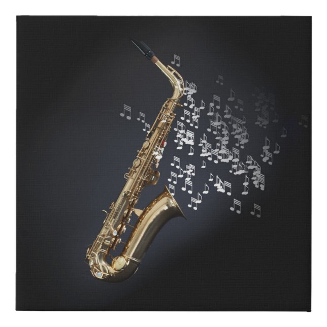 Saxophone with musical notes coming out the bell faux canvas print (Front)