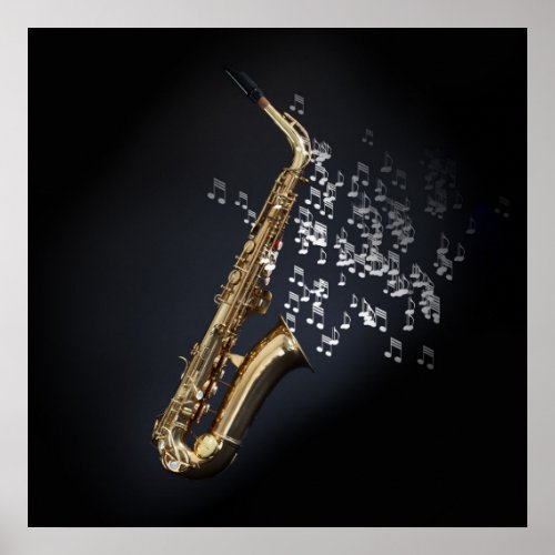 Saxophone with musical notes coming out the bell p poster