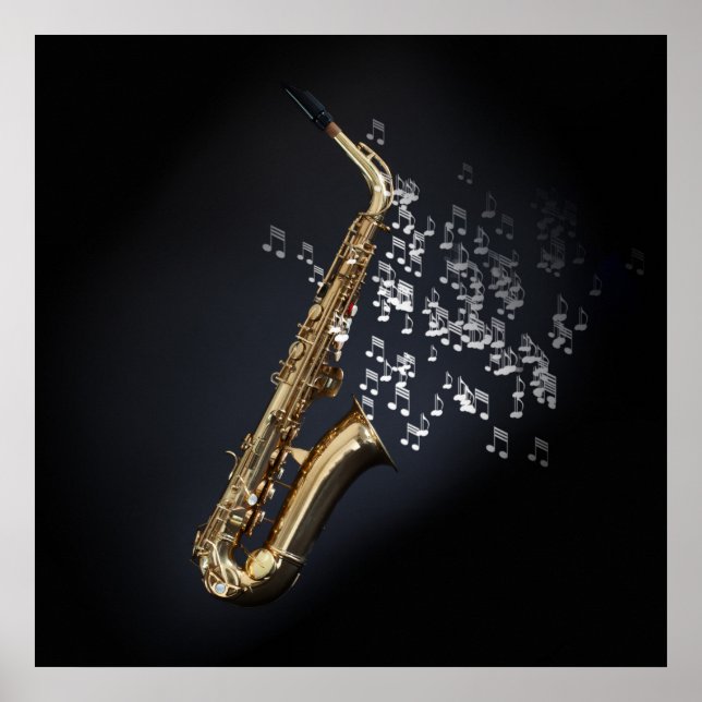 Saxophone with musical notes coming out the bell poster (Front)