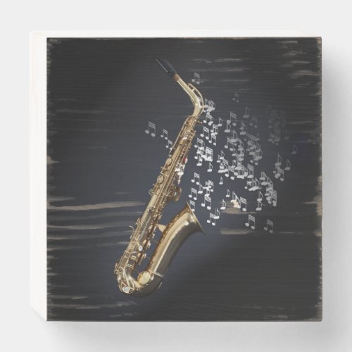Saxophone with musical notes coming out the bell wooden box sign