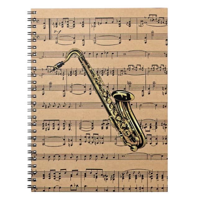 Saxophone ~ With Sheet Music Background Notebook (Front)