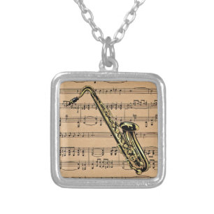 Saxophone ~ With Sheet Music Background Silver Plated Necklace