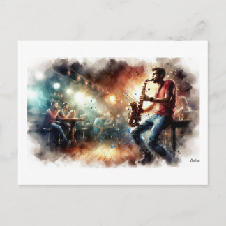 Saxophonist Performing in Cafe,  Postcard