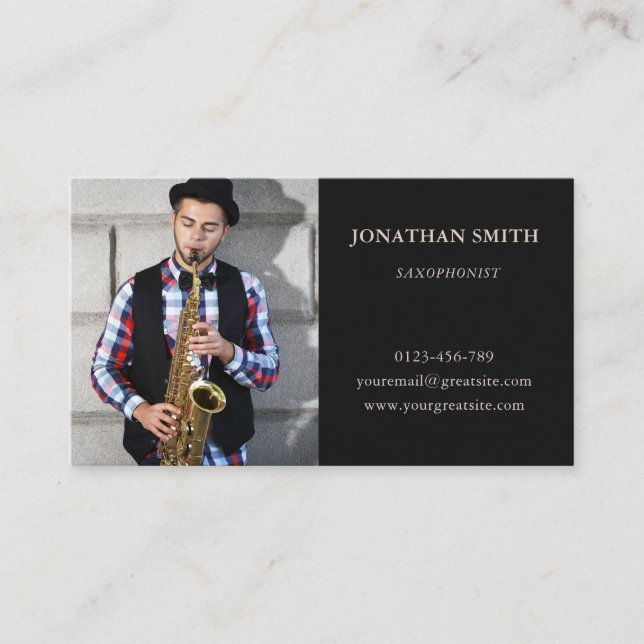Saxophonist Photo Modern Black Business Card (Front)