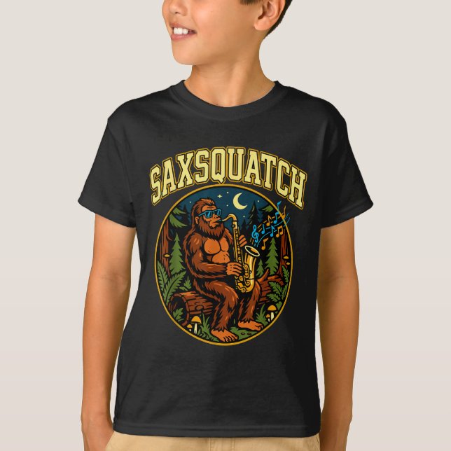 Saxsquatch Bigfoot Saxophone Player Jazz Music Hum T-Shirt (Front)
