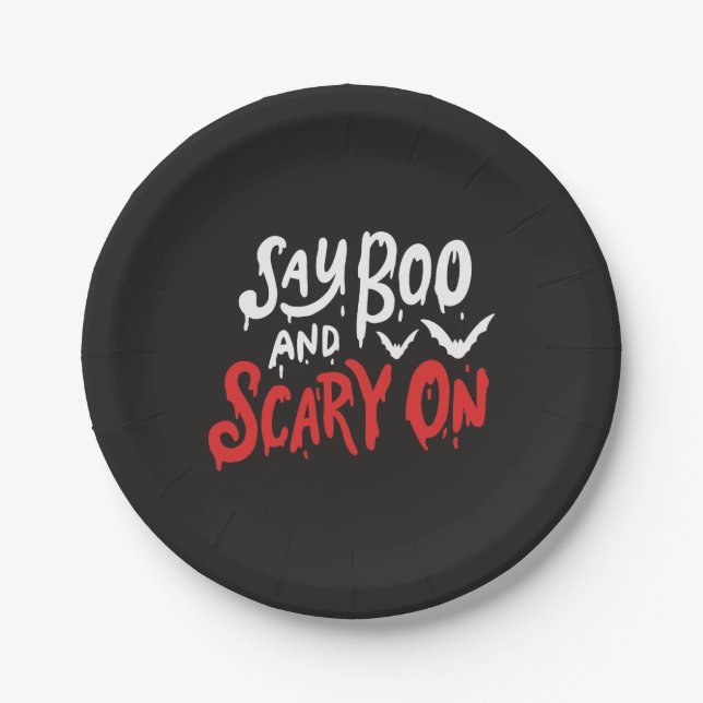 Say Boo and Scary On | Funny Halloween Party Paper Plates (Front)