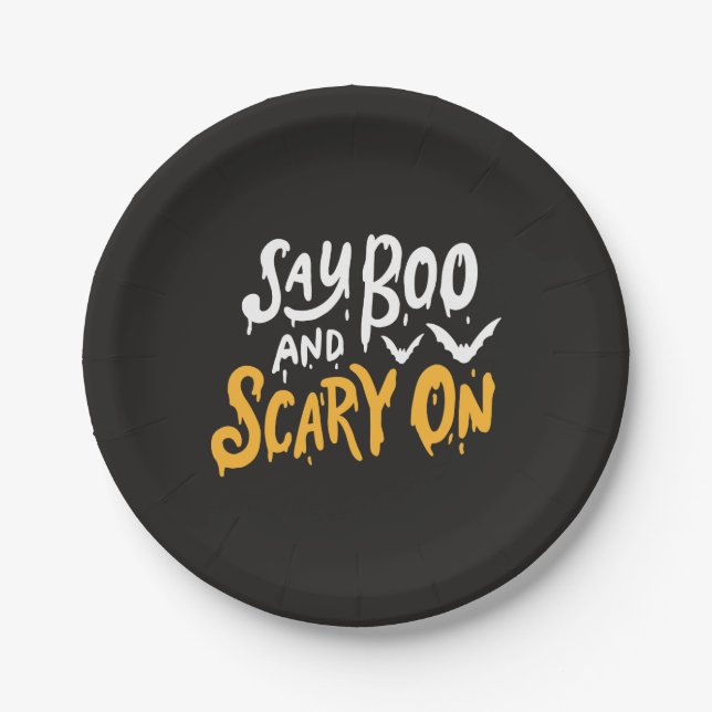 Say Boo and Scary On | Funny Halloween Party Paper Plates (Front)