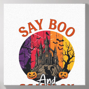 Say Boo Scary Halloween Haunted House Black Cat Pu Canvas Photo Tile