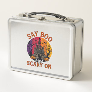 Say Boo Scary Halloween Haunted House Black Cat Pu Metal Lunch Box