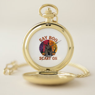 Say Boo Scary Halloween Haunted House Black Cat Pu Pocket Watch