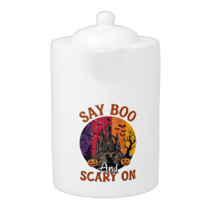 Say Boo Scary Halloween Haunted House Black Cat Pu Teapot