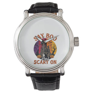 Say Boo Scary Halloween Haunted House Black Cat Pu Watch