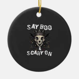 Say Boo Scary Skull Crown Bat Wings Halloween_1 Ceramic Ornament