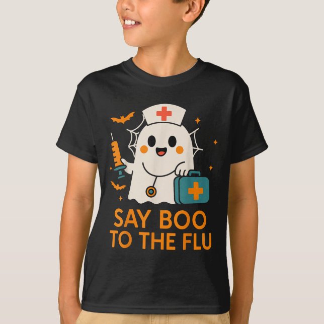 Say Boo To The Flu Nurse Halloween Vaccine Ghost C T-Shirt (Front)