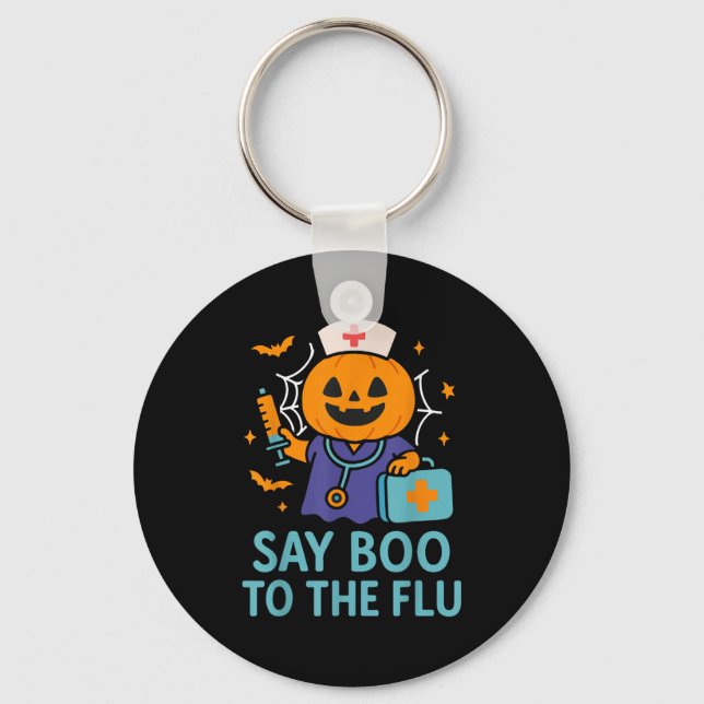 Say Boo To The Flu Nurse Halloween Vaccine Pumpkin Keychain (Front)