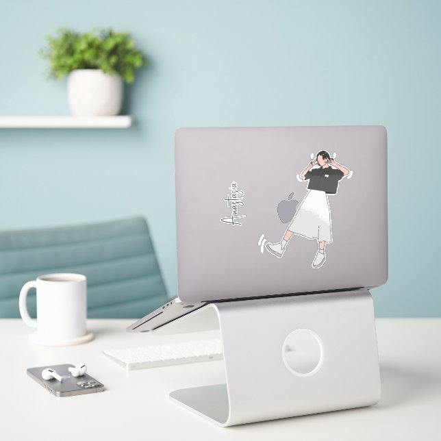 "Say Cheese" Aesthetic Girl Customizable Sticker (Laptop On Desk)