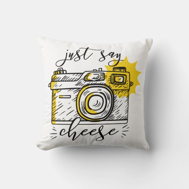 "Say Cheese" Retro Camera Photographer Photography Throw Pillow (Front)