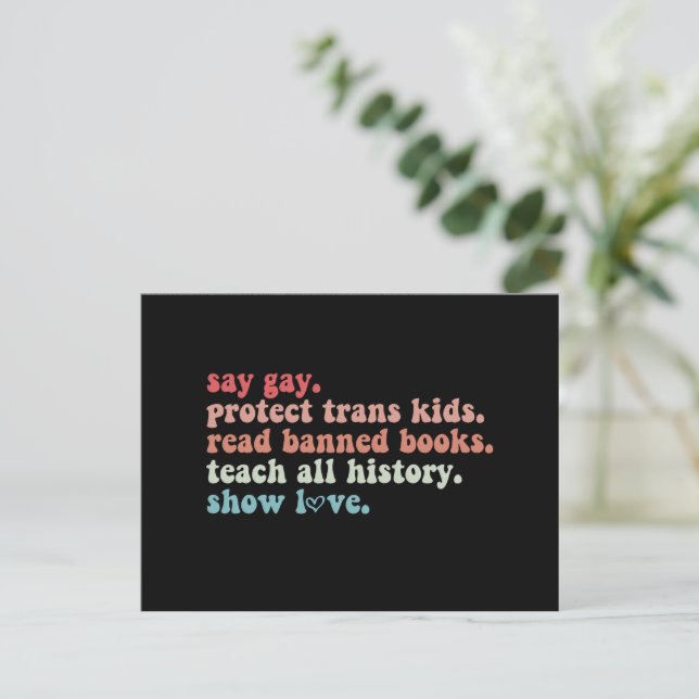 Say Gay Protect Trans Kids Read Banned Books LGBTQ Postcard (Standing Front)