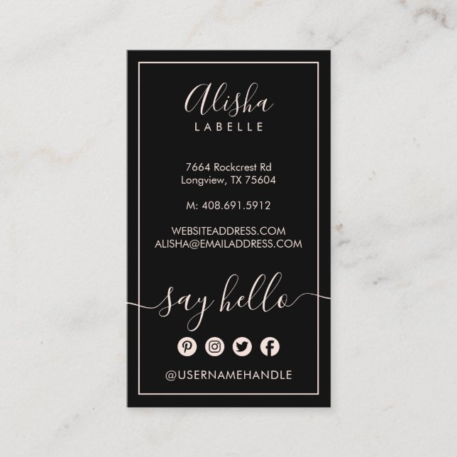 Say Hello | Elegant Black & Blush Pink Social Business Card (Front)