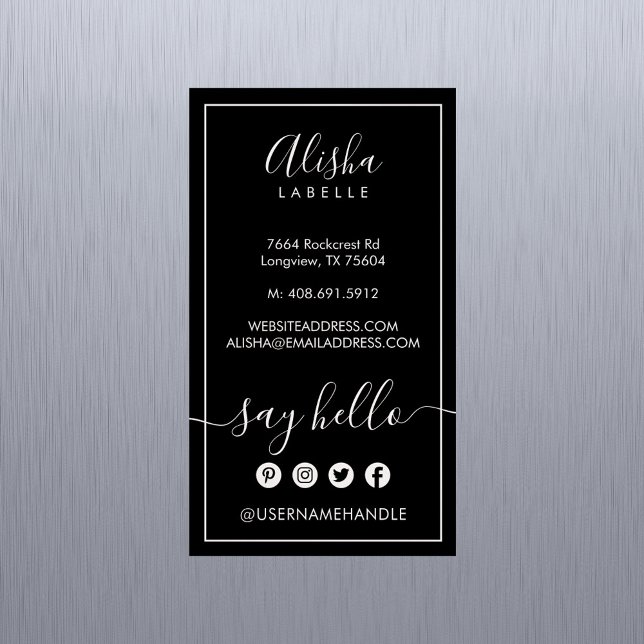 Say Hello | Elegant Black & Blush Pink Social Business Card Magnet (Say Hello | Elegant Black & Blush Pink Social Business Card Magnet)
