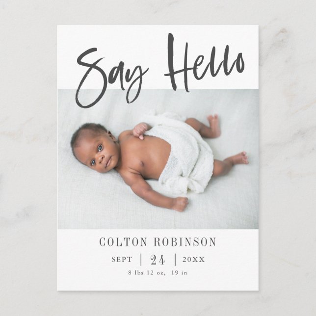 SAY HELLO Modern Baby Photo Birth Announcement  Postcard (Front)