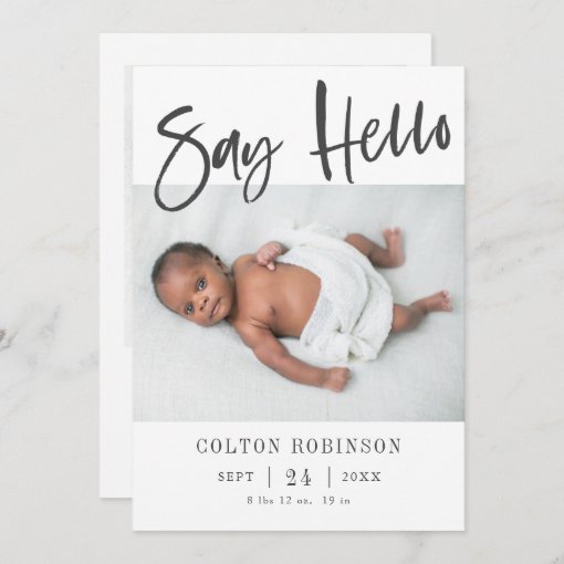 Say Hello Modern Calligraphy Baby Photo Birth Announcement | Zazzle