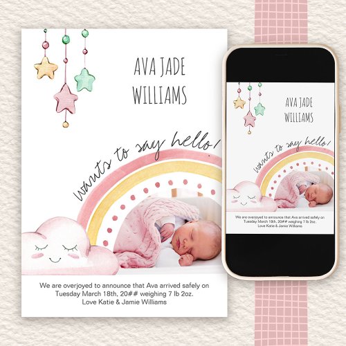 Say Hello Photo Cute Rainbow Nursery Girl Birth Announcement