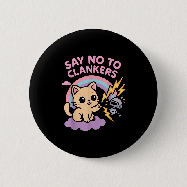 Say No To Clankers Anti Ai Robots Cute Kitten Rain Button (Front)