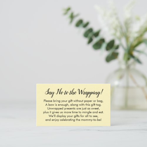 Say No to Wrapping Baby Shower Butter Yellow Gift Enclosure Card