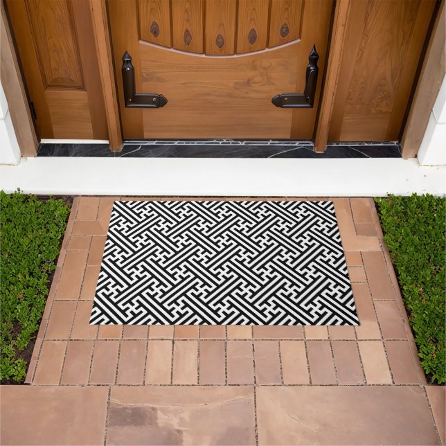 Sayagata pattern, Japanese, Black and White Doormat (Outdoor)
