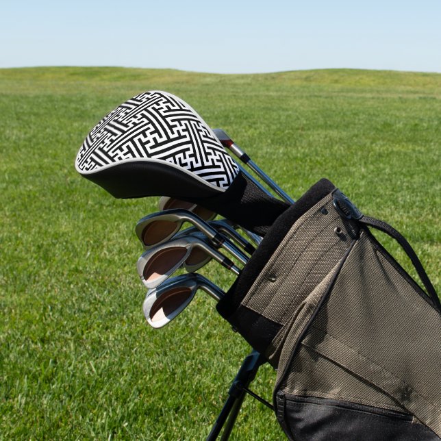 Sayagata pattern, Japanese, Black and White Golf Head Cover (In Situ)
