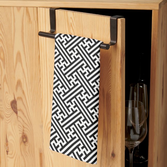 Sayagata pattern, Japanese, Black and White Kitchen Towel (Thirds Fold)