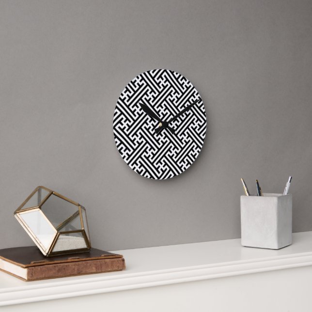 Sayagata pattern, Japanese, Black and White Round Clock (Office)
