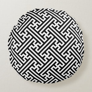 Sayagata pattern, Japanese, Black and White Round Pillow