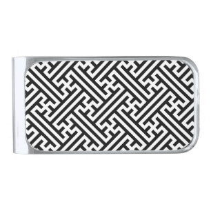 Sayagata pattern, Japanese, Black and White Silver Finish Money Clip
