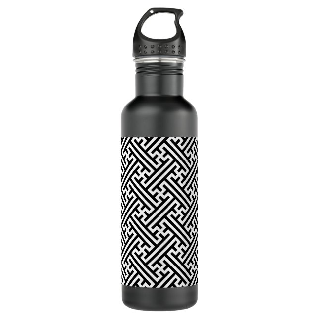 Sayagata pattern, Japanese, Black and White Stainless Steel Water Bottle (Front)