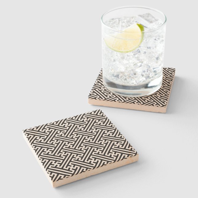 Sayagata pattern, Japanese, Black and White Stone Coaster (Side)