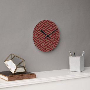 Sayagata pattern, Japanese, Burgundy and Gold Round Clock