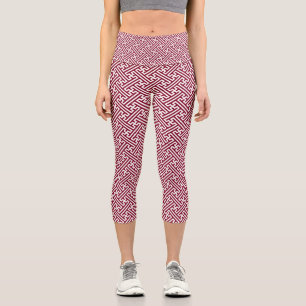 Sayagata pattern, Japanese, Burgundy and White Capri Leggings