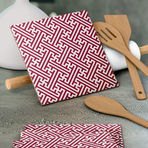 Sayagata pattern, Japanese, Burgundy and White Ceramic Tile