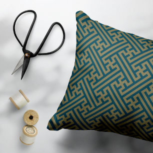 Sayagata pattern, Japanese, Gold and Navy Blue Accent Pillow