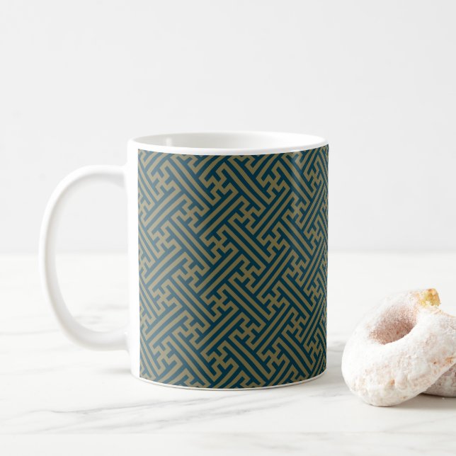 Sayagata pattern, Japanese, Gold and Navy Blue Coffee Mug (With Donut)