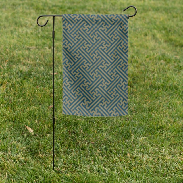 Sayagata pattern, Japanese, Gold and Navy Blue Garden Flag (In SItu)