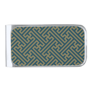 Sayagata pattern, Japanese, Gold and Navy Blue Silver Finish Money Clip