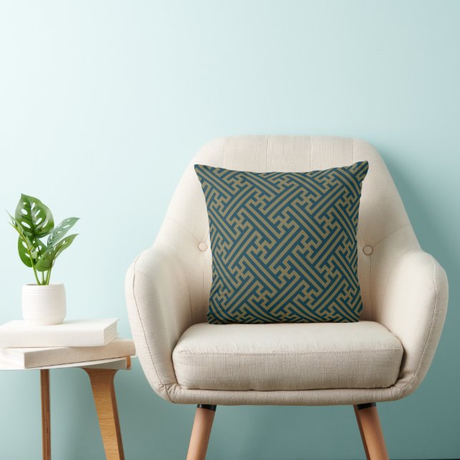 Sayagata pattern, Japanese, Gold and Navy Blue Throw Pillow (Chair)