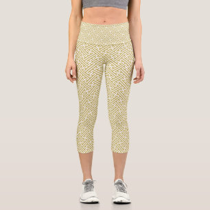 Sayagata pattern, Japanese, Gold and White Capri Leggings