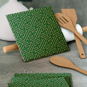 Sayagata pattern, Japanese, Green and Gold Ceramic Tile