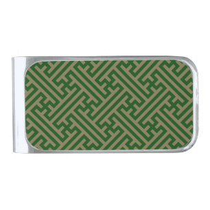 Sayagata pattern, Japanese, Green and Gold Silver Finish Money Clip