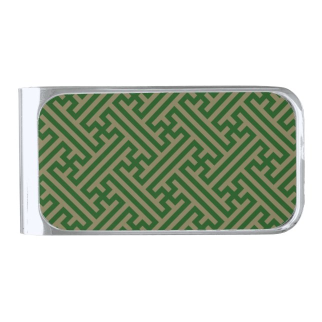 Sayagata pattern, Japanese, Green and Gold Silver Finish Money Clip (Front)